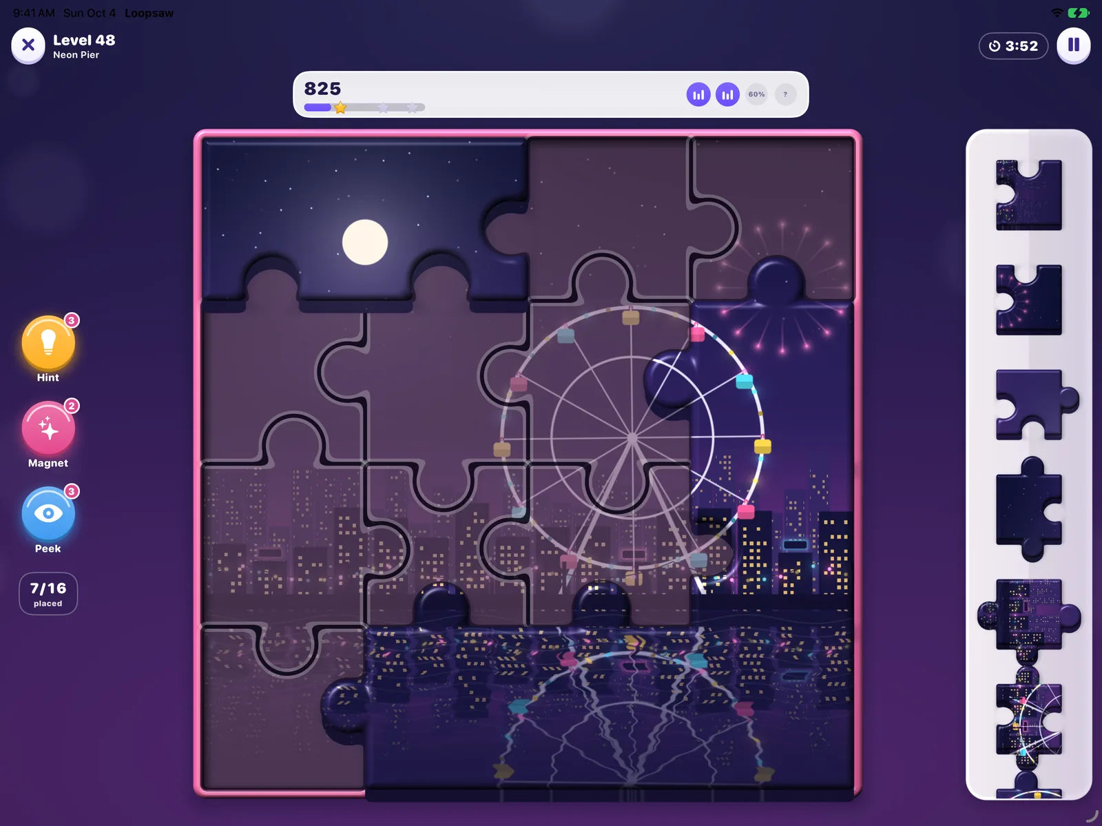 Loopsaw on iPad in landscape: boosters on the left, a large Neon Pier board in the middle and the piece tray down the right