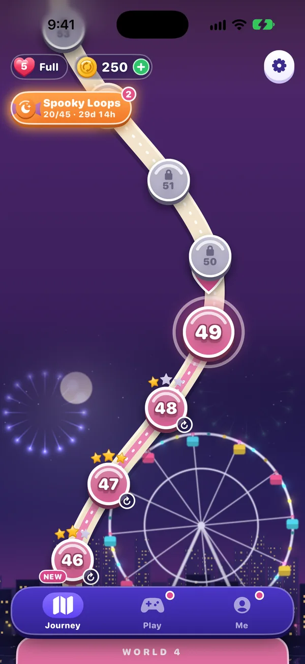 The Journey map, a winding path of level nodes over a moving Ferris wheel scene