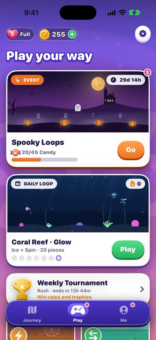 The Play tab with the Halloween event, Daily Loop and weekly tournament