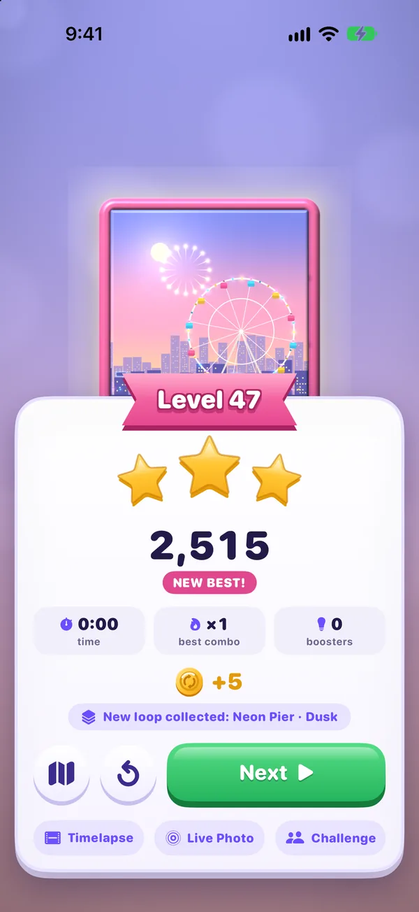 A finished level with three stars and buttons to share a timelapse, Live Photo or challenge