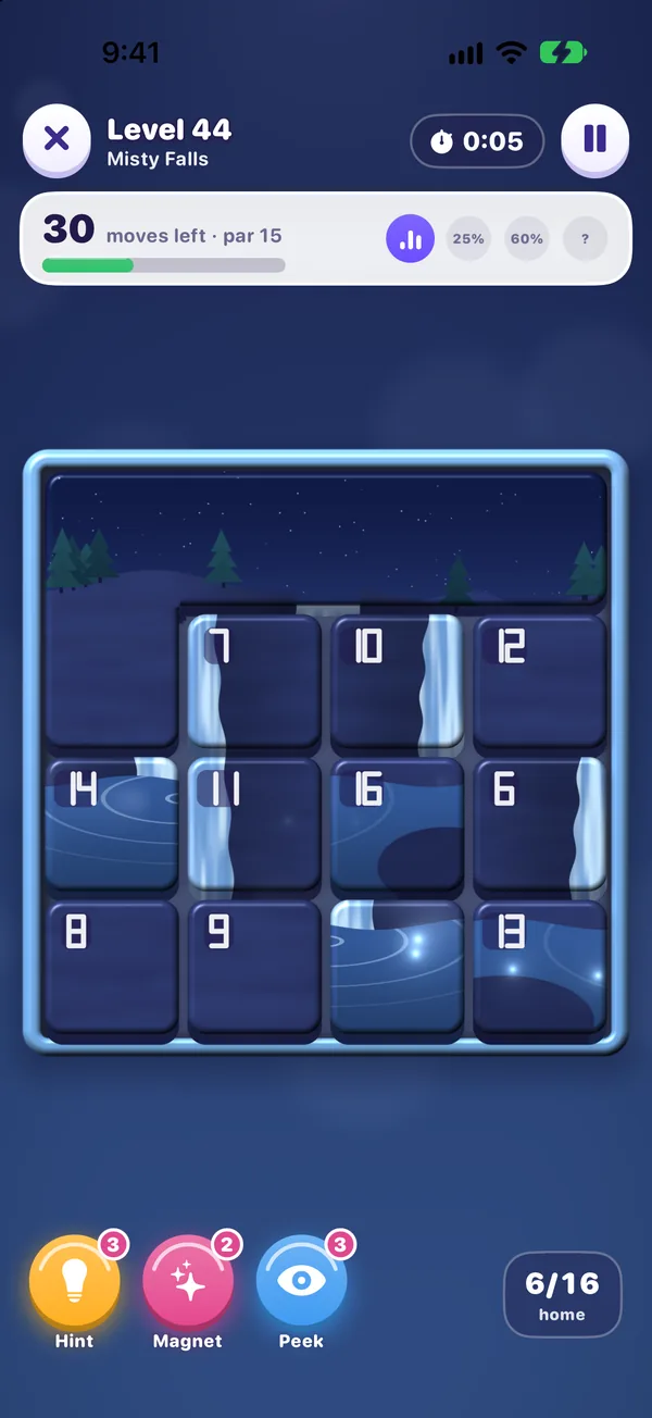 A swap puzzle with numbered tiles over a waterfall scene