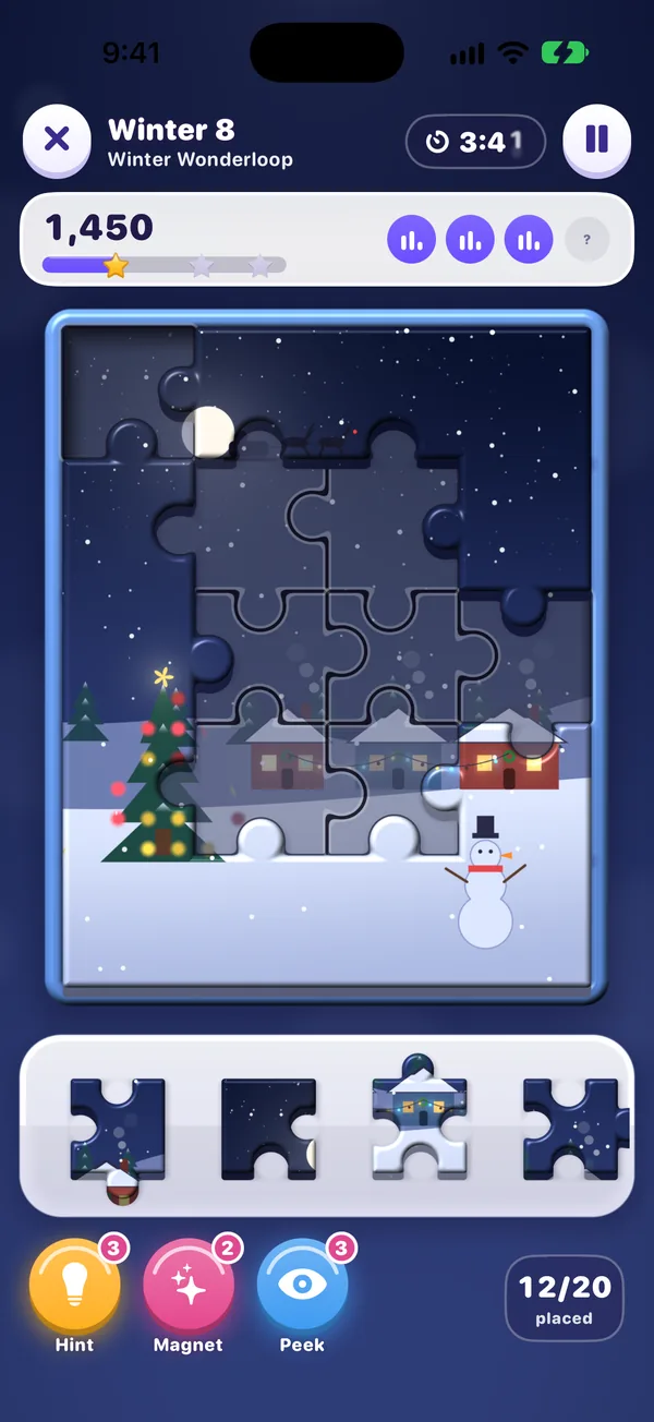 A winter village puzzle with a snowman and a decorated tree